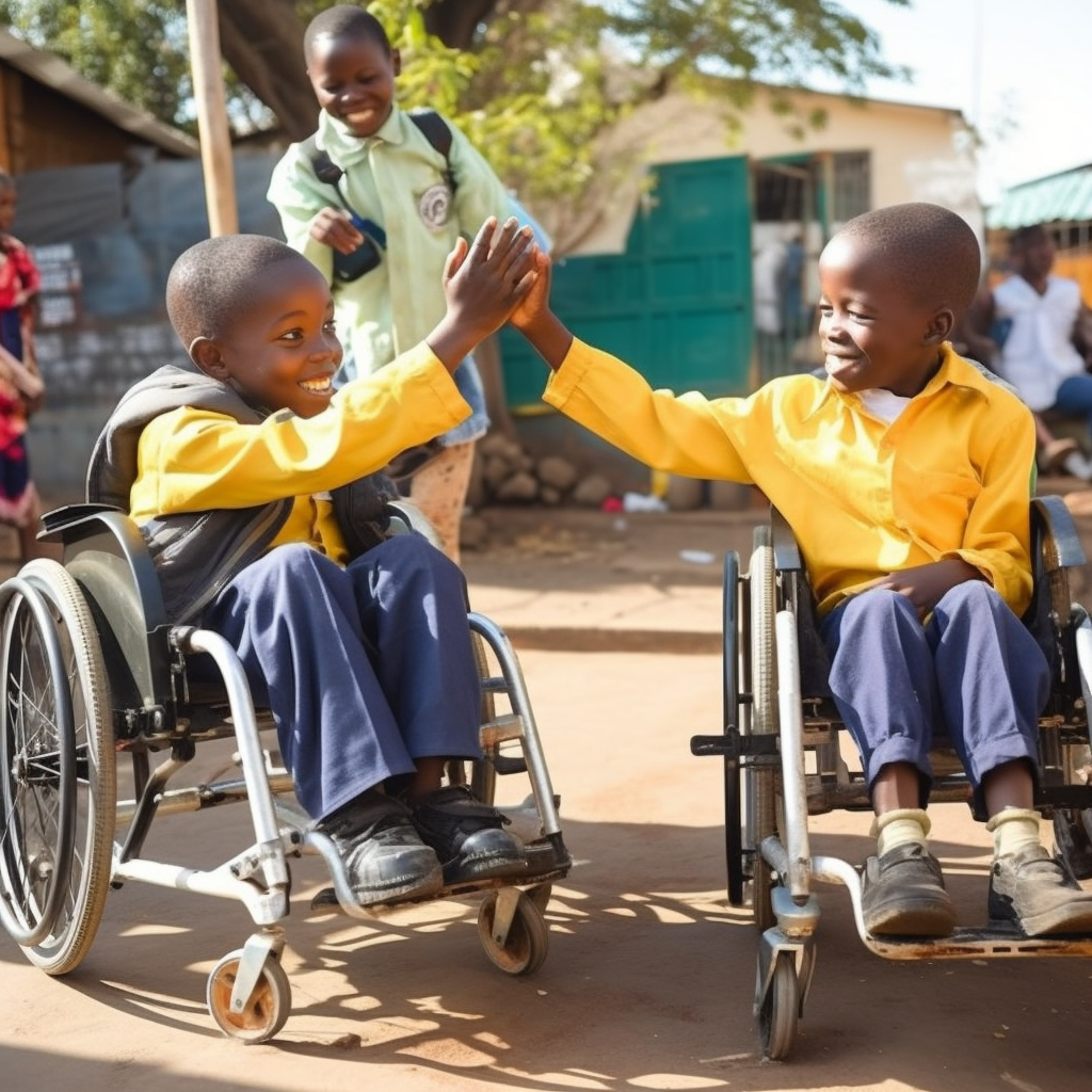 smiling kids in wheelchairs doing a hi 5
